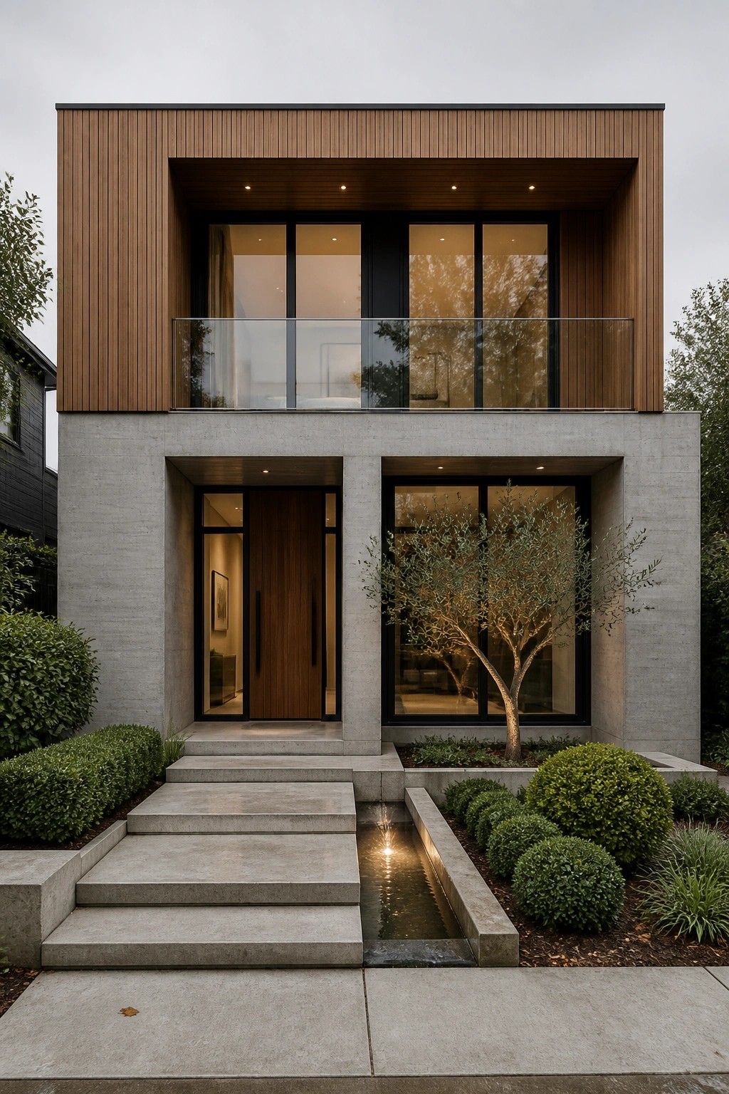 A two-story modern house with a flat roof, wood cladding on the recessed upper level, and a concrete lower level with large windows and a central entry.
