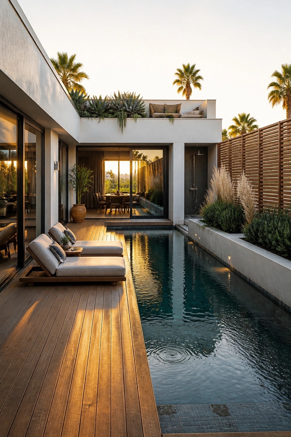 Modern home with a long rectangular pool running parallel to a wooden deck furnished with lounge chairs.