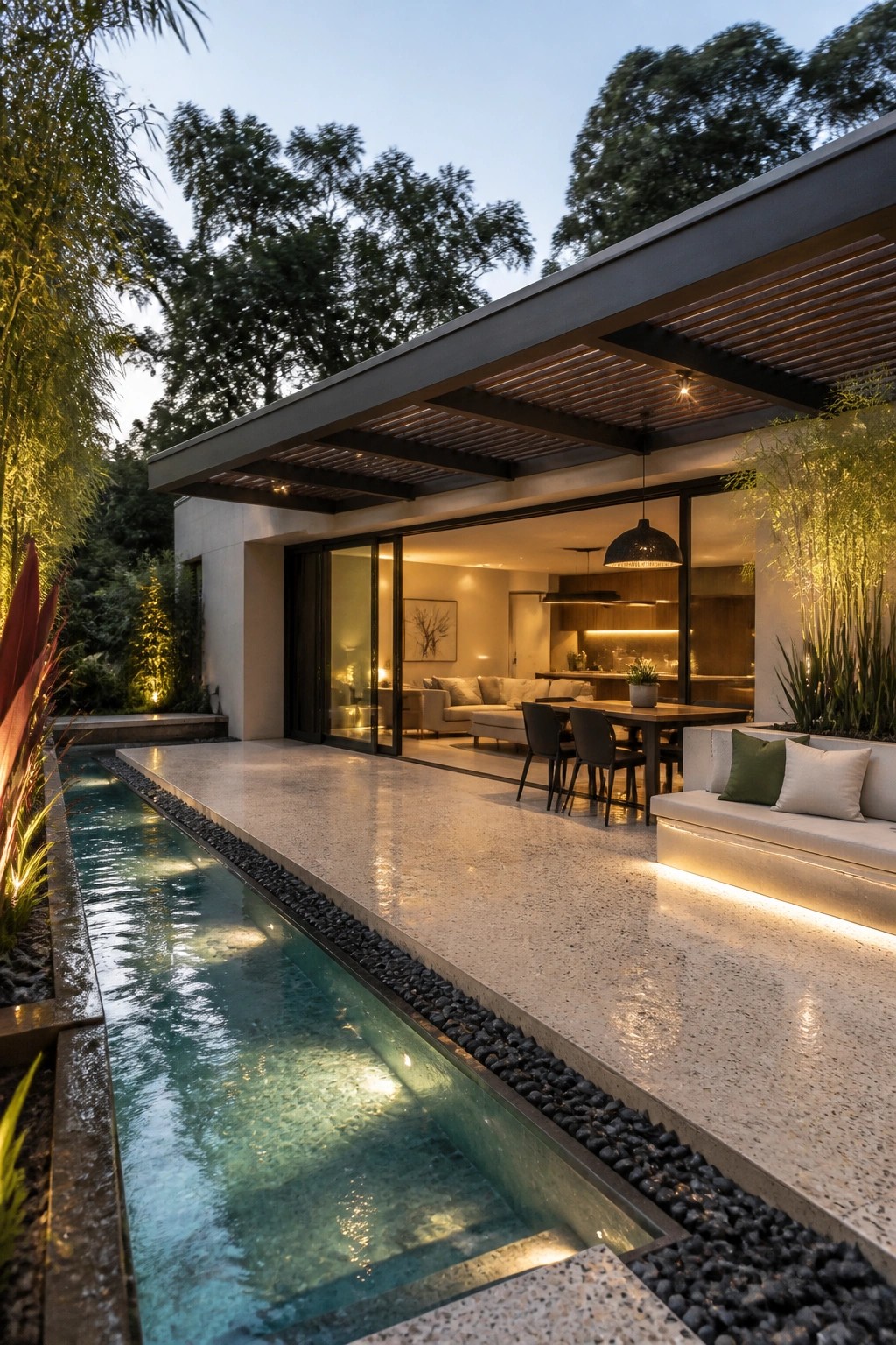 A modern flat-roof house with a long pool beside a speckled concrete patio, open glass doors, and a covered outdoor dining area with built-in seating.