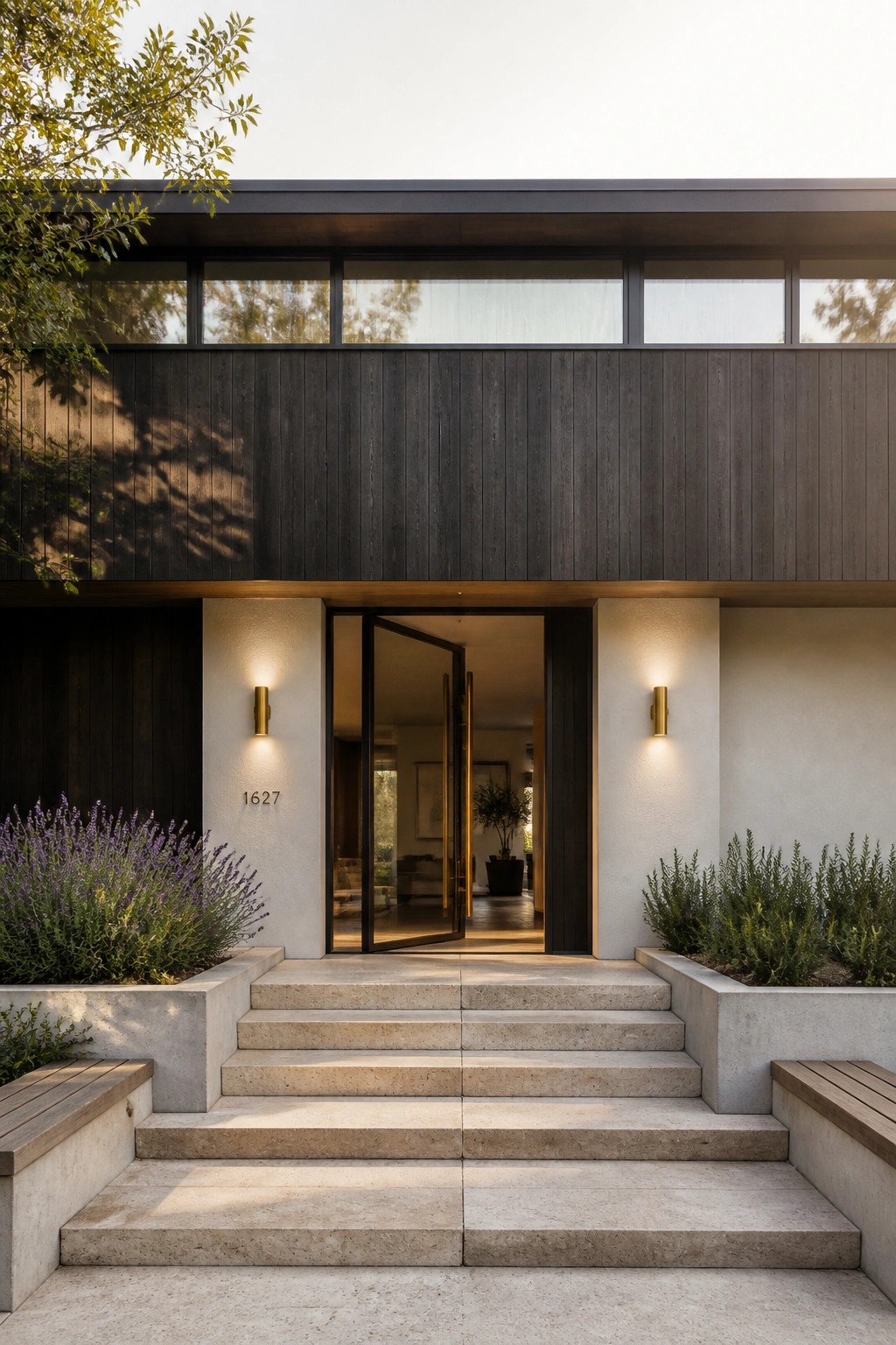 Front view of a modern flat-roof house with dark wood siding, light concrete walls, wide concrete steps, open glass entry doors, and brass wall sconces on both sides.