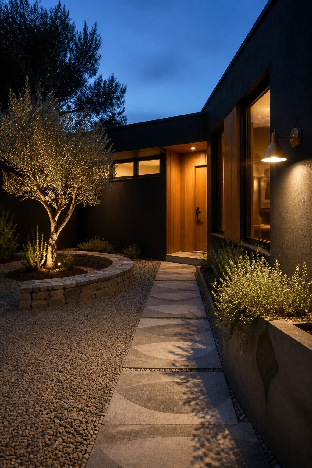 Modern flat roof house with dark walls, a wooden front door and vertical wood siding, a patterned stone pathway, and surrounding gravel and plants at dusk.