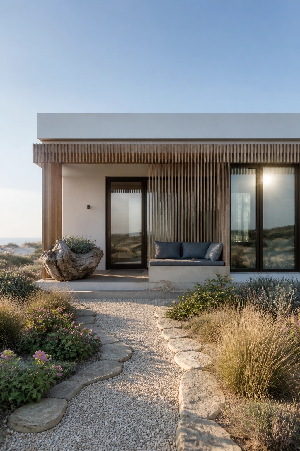 A modern flat-roof house with horizontal and vertical wood slats, large glass windows, a built-in bench with cushions, and a gravel path with stepping stones leading through landscaped plants to the entrance.