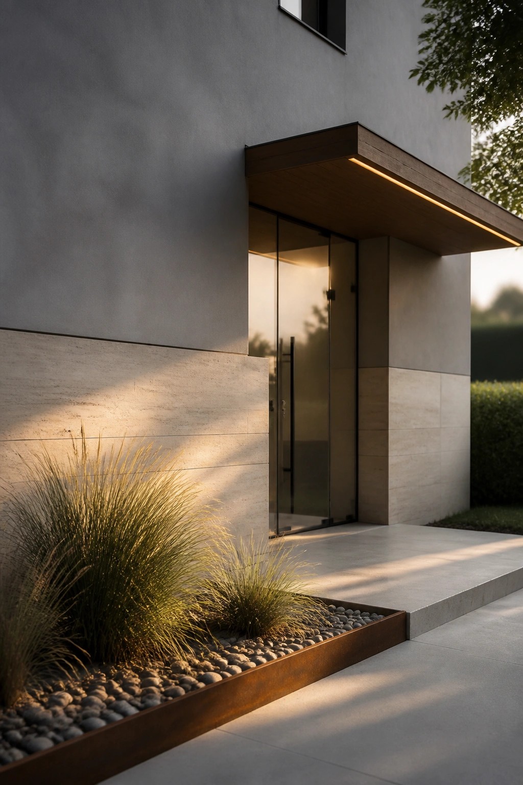 A minimalist house entrance with glass doors beneath a wooden canopy that has integrated lighting, next to a low planter filled with grasses and pebbles.