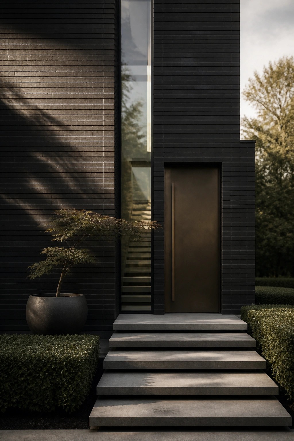 Modern dark brick entrance with bronze door, concrete steps, and potted tree