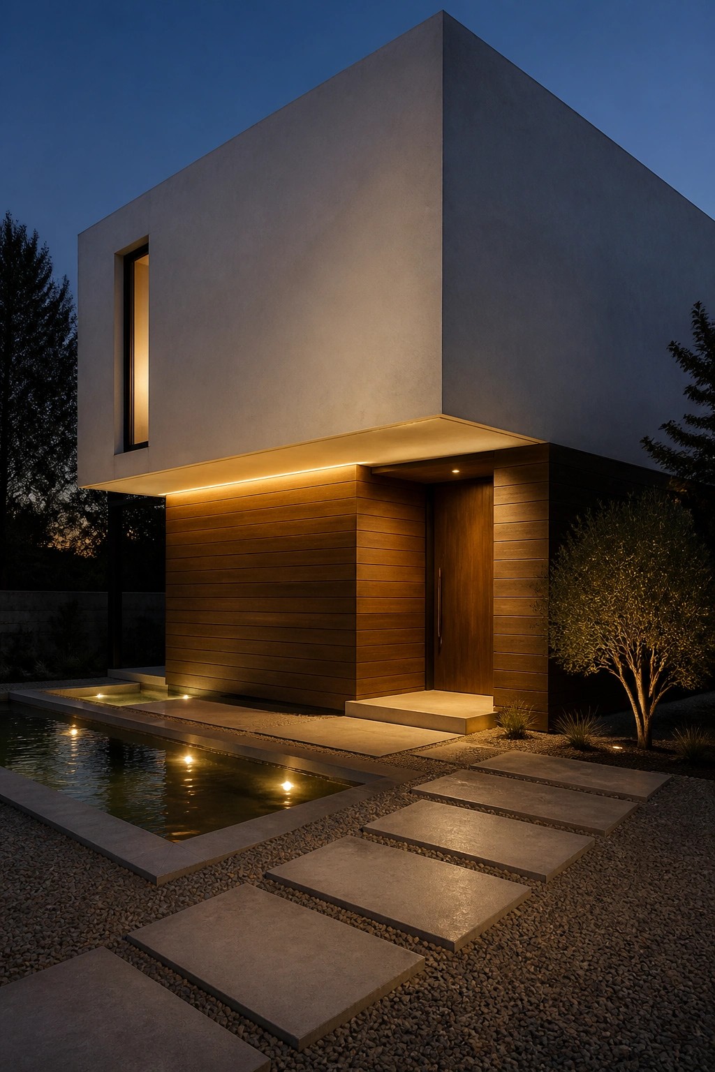 A minimalist concrete house at dusk with a wooden entry wall featuring horizontal slats and a front door, a reflecting pool, and stone pavers on gravel.