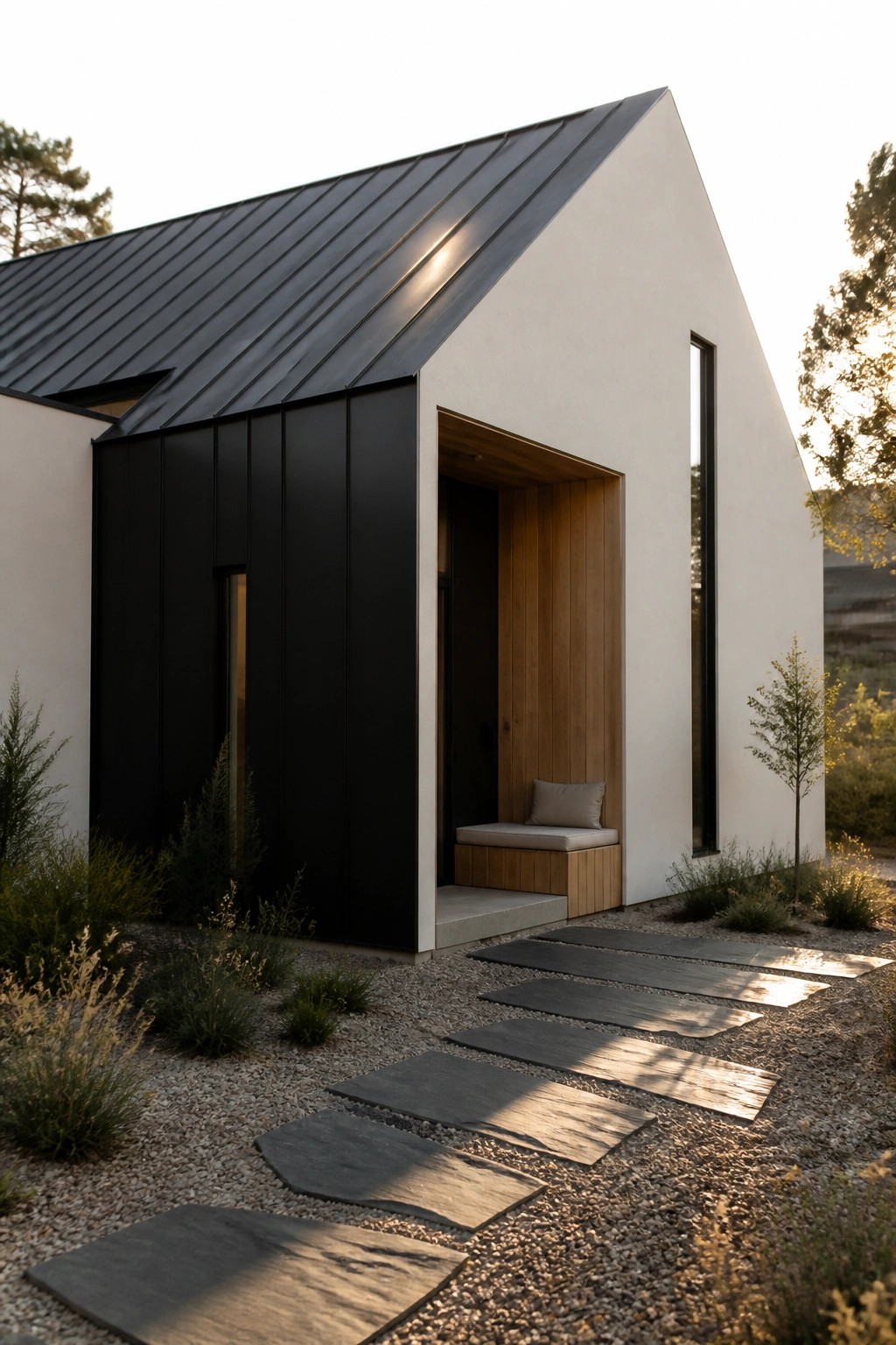 Modern minimalist house with white walls, black metal roof and siding, a recessed wooden entry alcove with bench, and stone stepping stones leading across gravel.