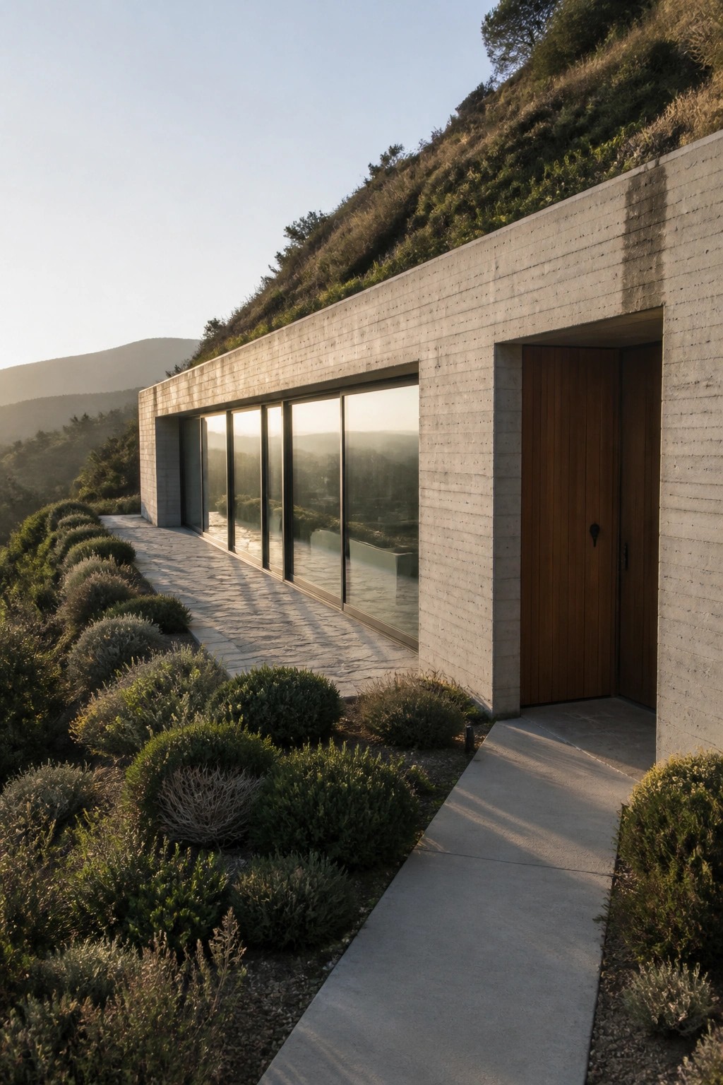 A minimalist concrete house exterior with a vertical wood door and a long row of windows, built into a grassy hillside with a stone path leading to the entrance.
