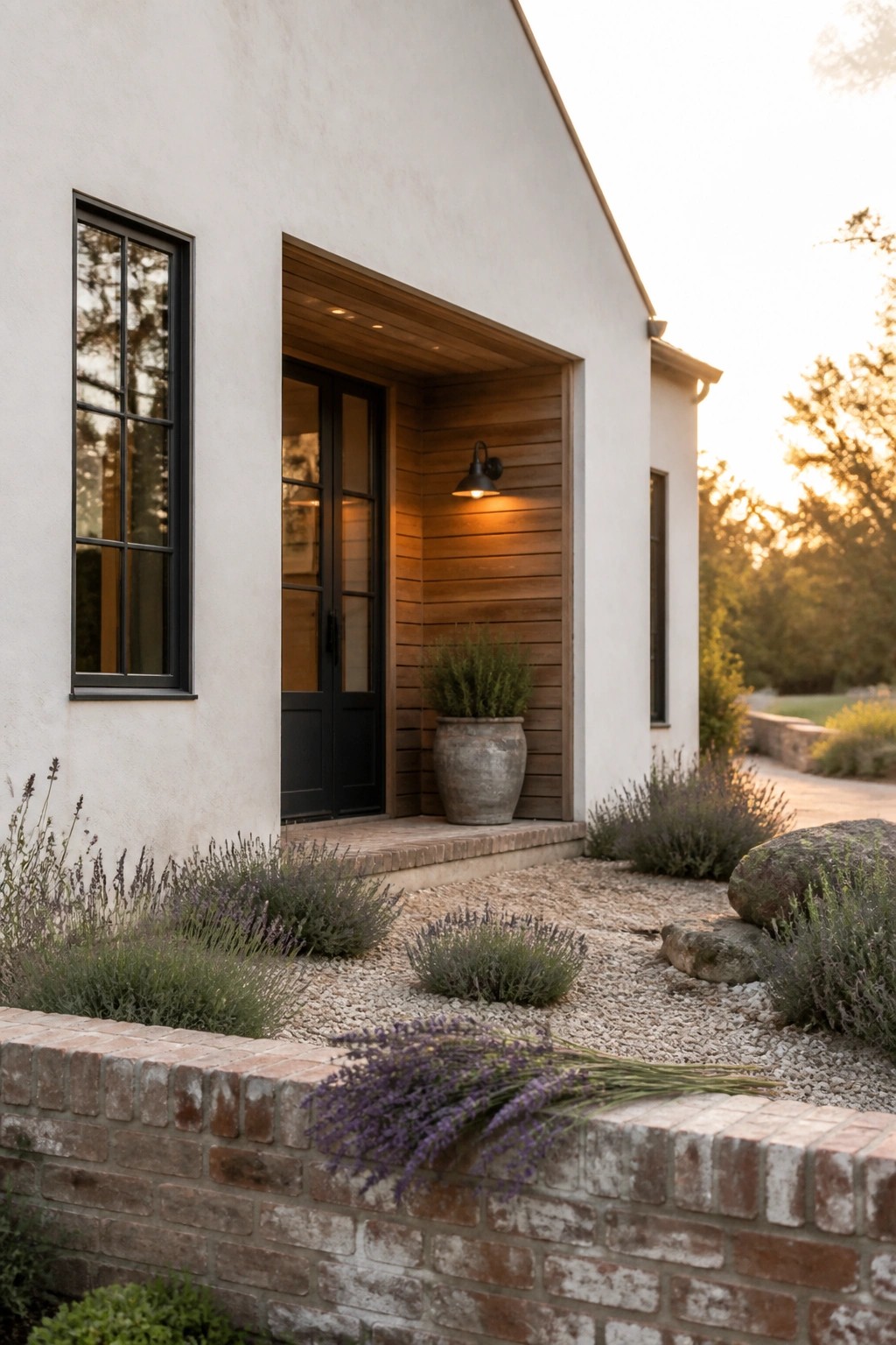 A white stucco house exterior with a black door set inside a recessed wood-paneled entry and lavender plants along a low brick wall.