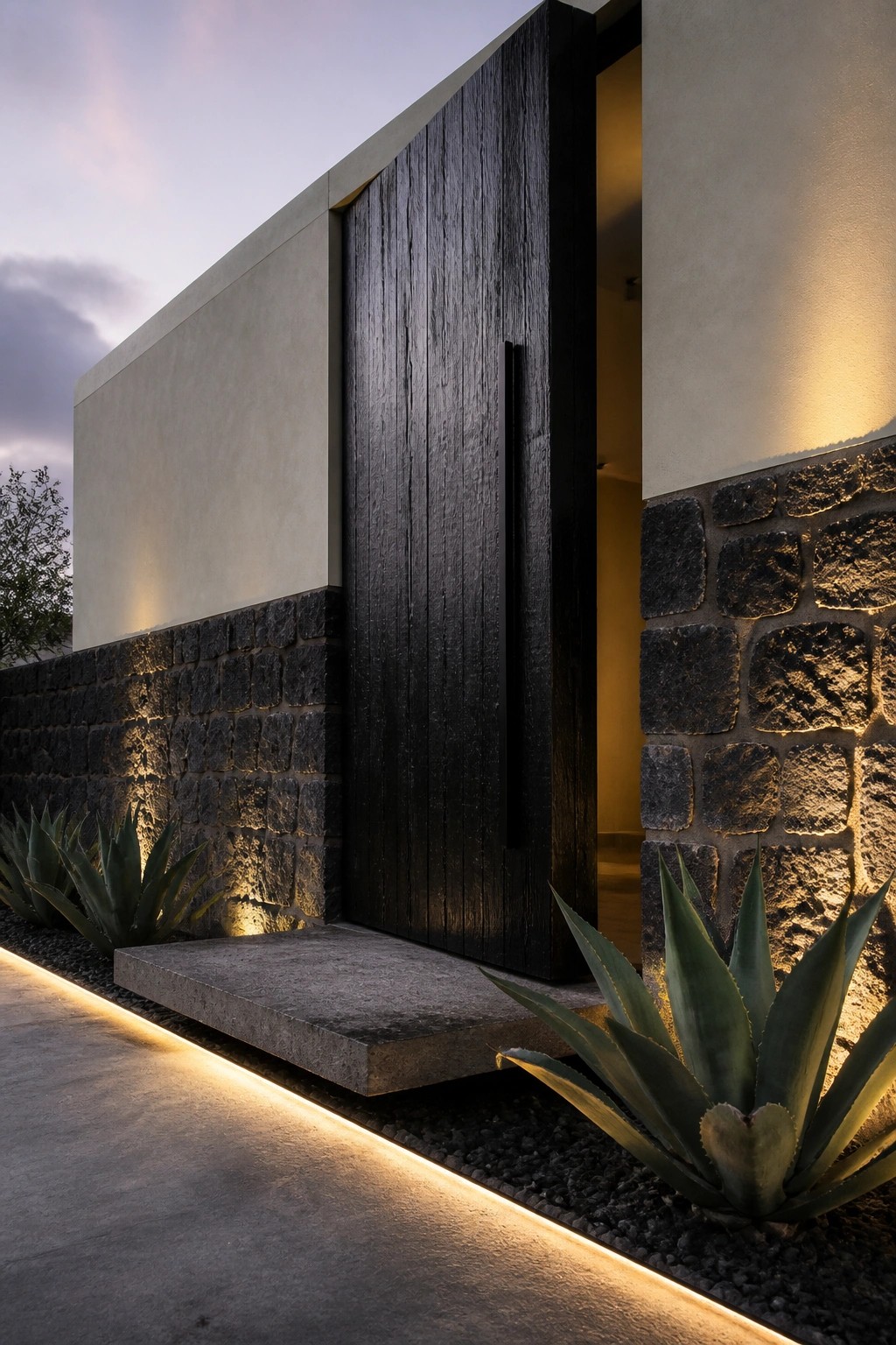 A minimalist house entrance with a tall black wooden door in a wall combining rough dark stone and smooth concrete, accented by agave plants and ground lighting.