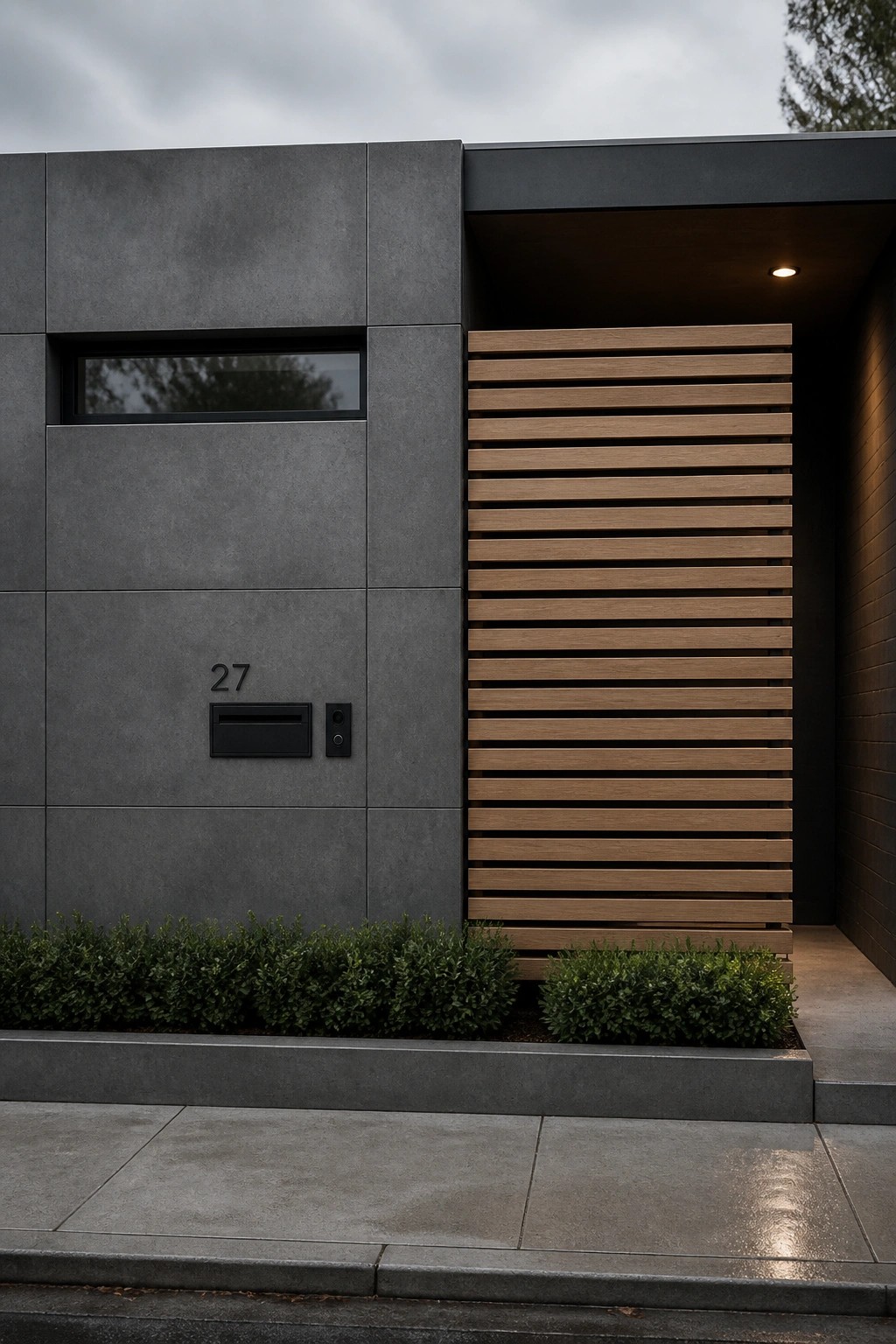 A modern house exterior with large gray concrete panels, a section of horizontal wood slats, a small window, and the number 27 beside a black mailbox.