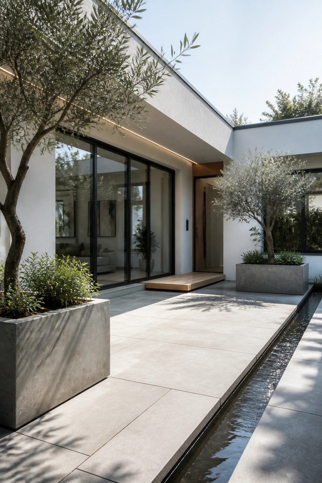 A minimalist house courtyard with large black-framed sliding glass doors, concrete planters holding trees, a wooden entry door, and a narrow water channel beside a paved walkway.