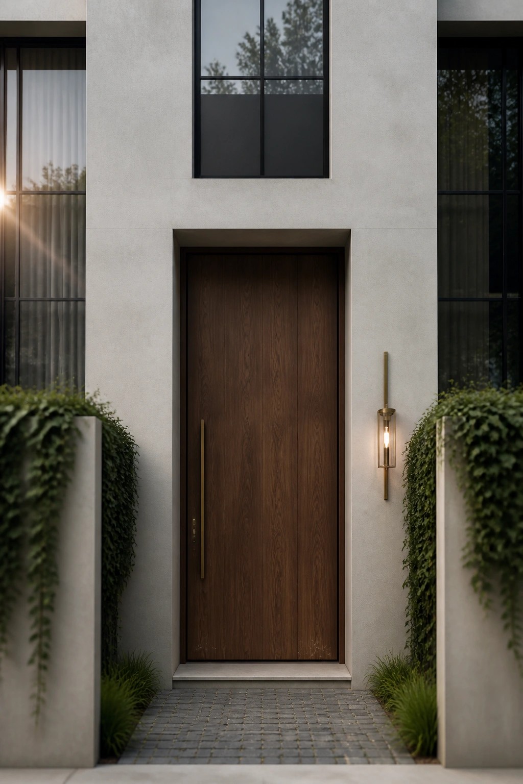 Modern wooden door in gray wall with brass sconce and cascading ivy planters