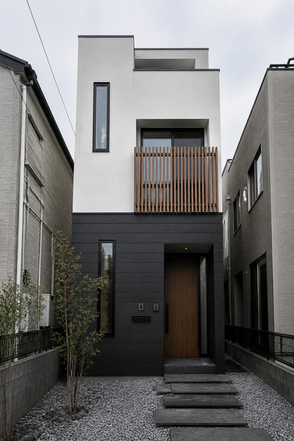 A narrow modern house with a dark gray lower facade and white upper volume, featuring a wooden front door and a balcony with vertical wood slats.