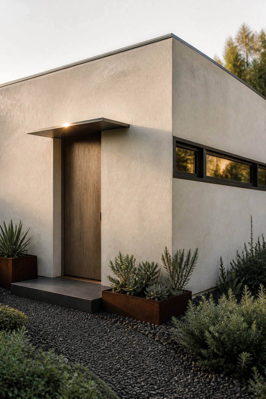 A minimalist concrete house facade with a wooden front door beneath a flat metal canopy, flanked by gravel landscaping and low metal planters.
