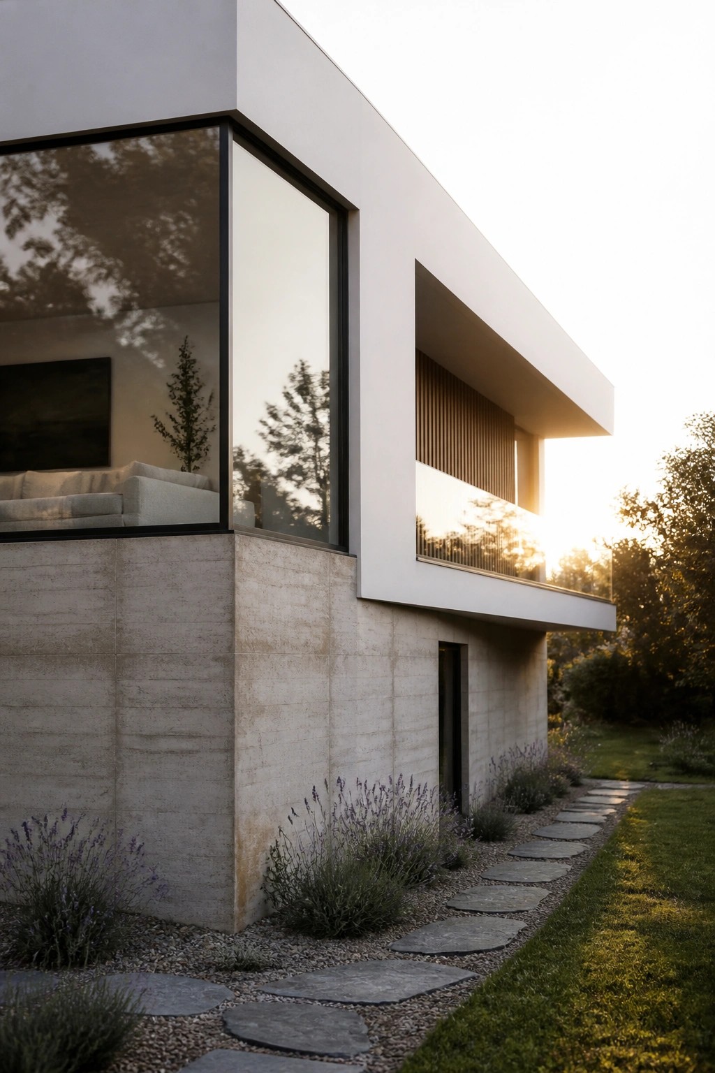A modern house exterior with a textured concrete lower level, white upper volume, large black-framed windows, a cantilevered balcony, and a gravel path with stepping stones leading along the side.
