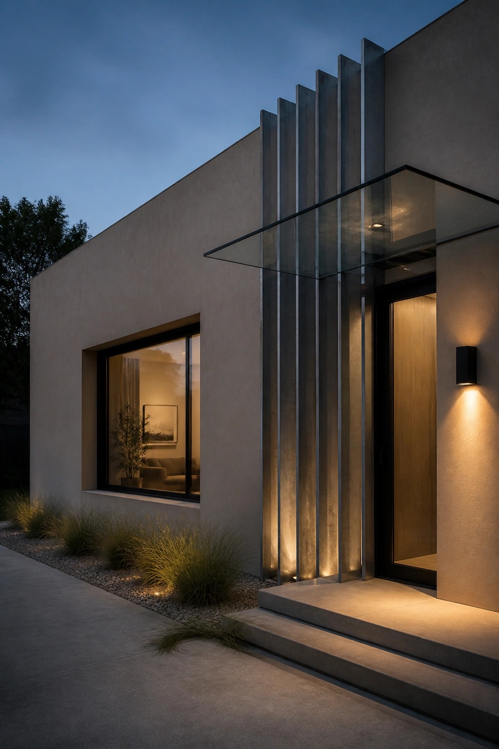 Modern minimalist house with vertical metal slats, glass canopy, and warmly lit wooden door at dusk