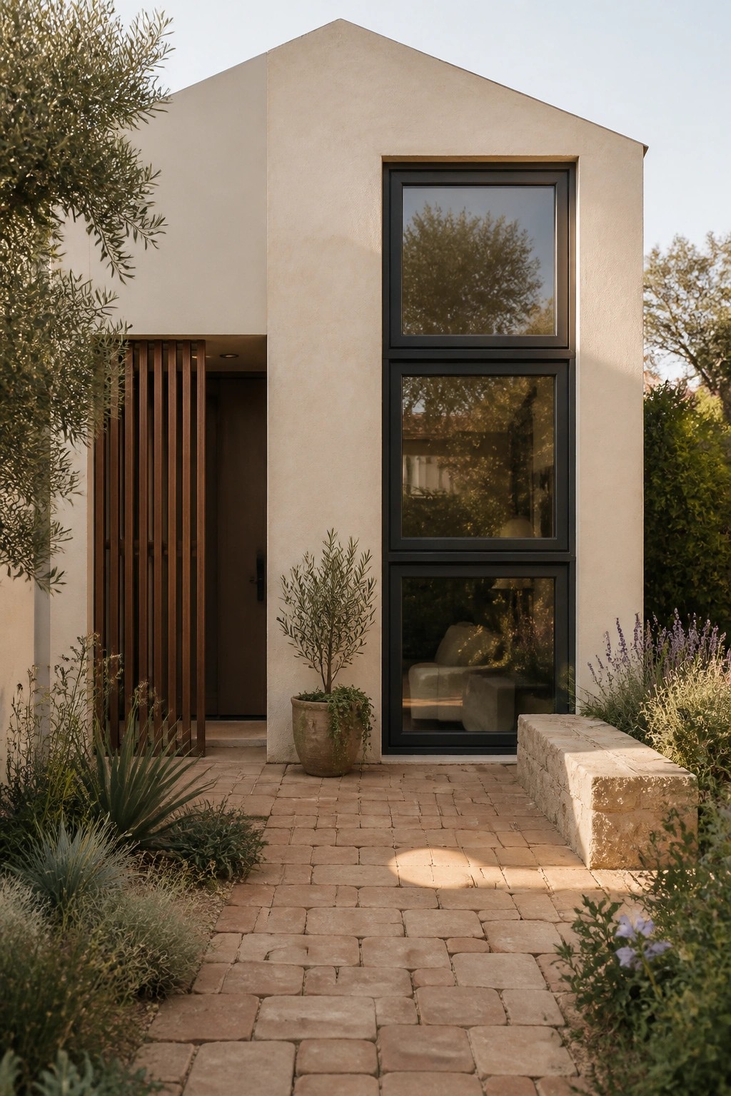 Modern beige house with tall black windows, wooden slat door, and brick patio garden