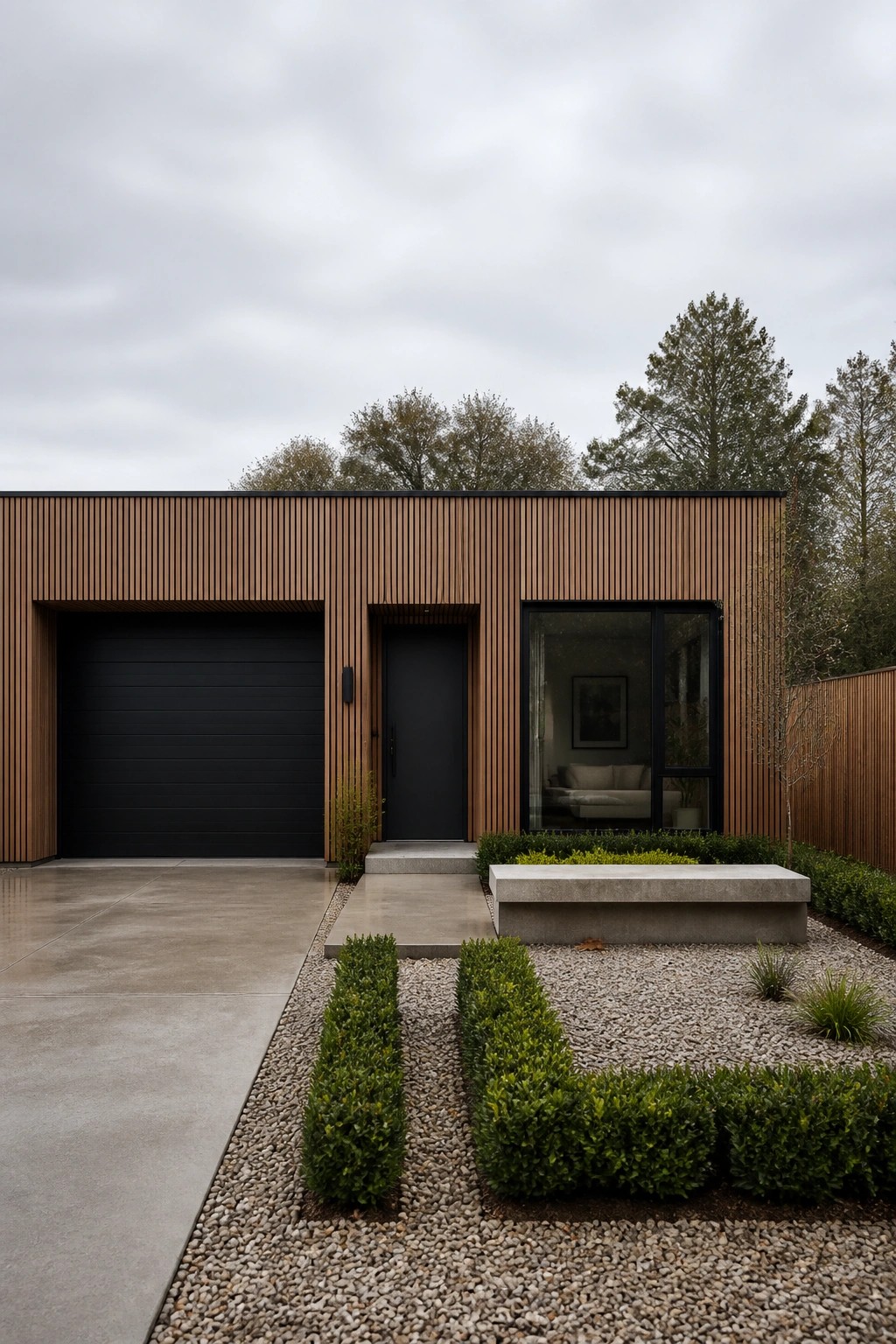 A modern house exterior with vertical wood siding, a black garage door on the left, a black entry door in the center, and a large black-framed window on the right, with gravel landscaping and trimmed hedges in front.