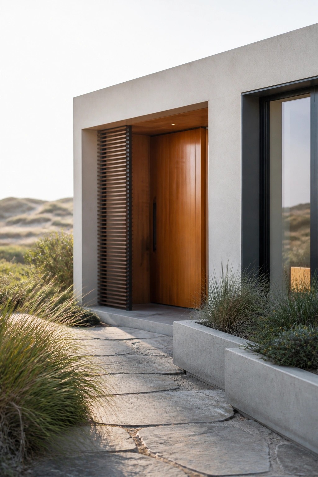A minimalist concrete house entrance with a wooden door, vertical wood slats to one side, and a stone path leading up to it.
