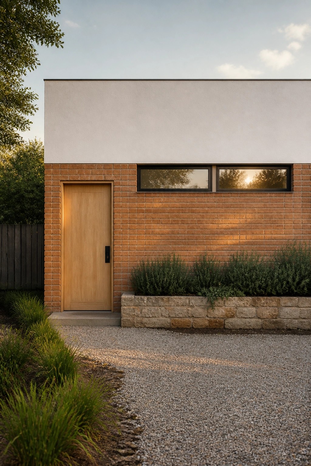 Modern brick house with illuminated wooden door, narrow windows, stone planter and gravel drive.