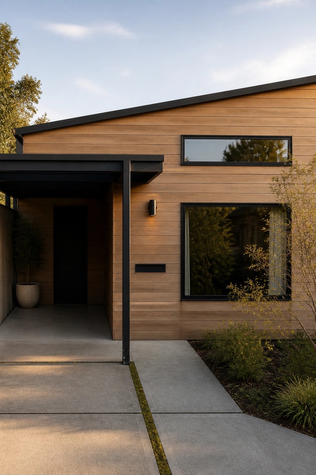 Modern house exterior featuring horizontal wood siding, black metal trim, a covered entry, and a large window with a smaller transom window above it.