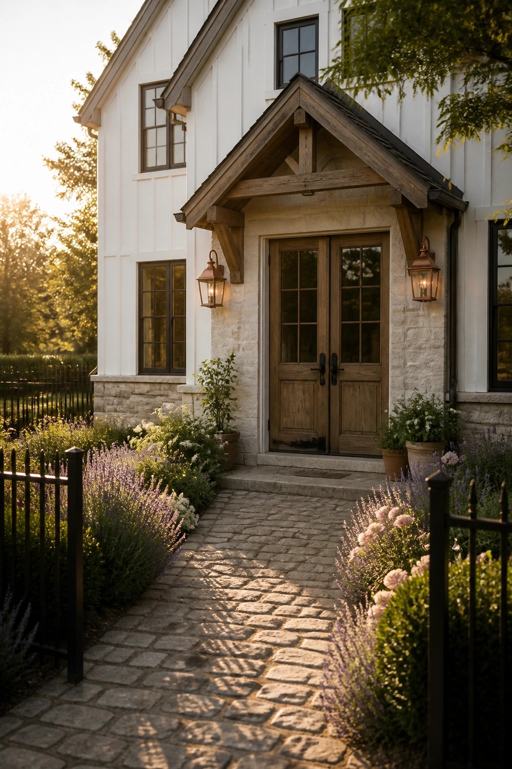 A white house with stone base has a wooden double door under a timber gabled porch, flanked by wall lanterns and a cobblestone path.
