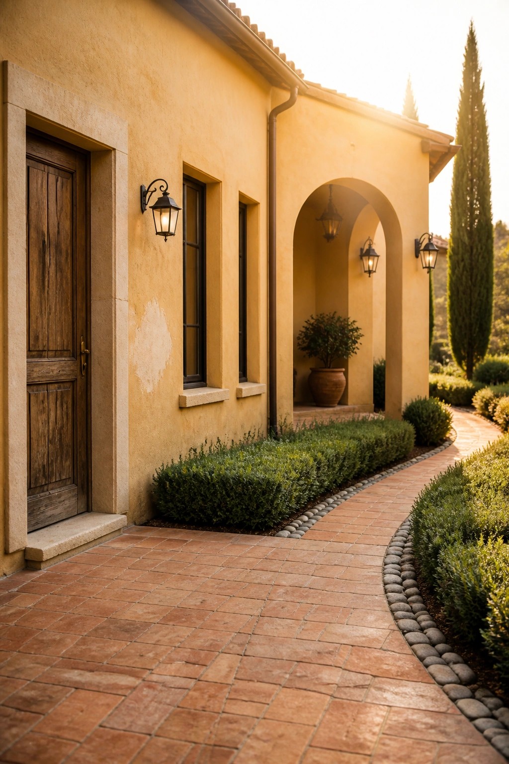 Yellow stucco house with wooden door, arched walkway, brick path, and lanterns at sunset