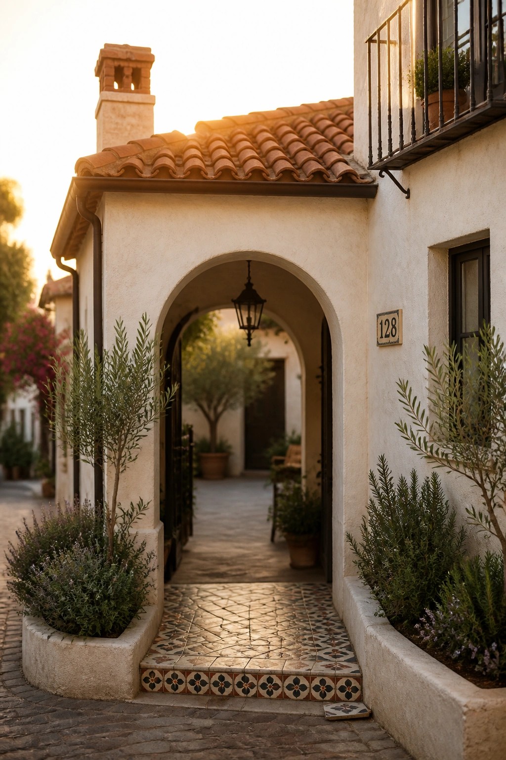 A white stucco house exterior with a terracotta roof shows a prominent arched entryway with patterned tile steps leading into a courtyard.