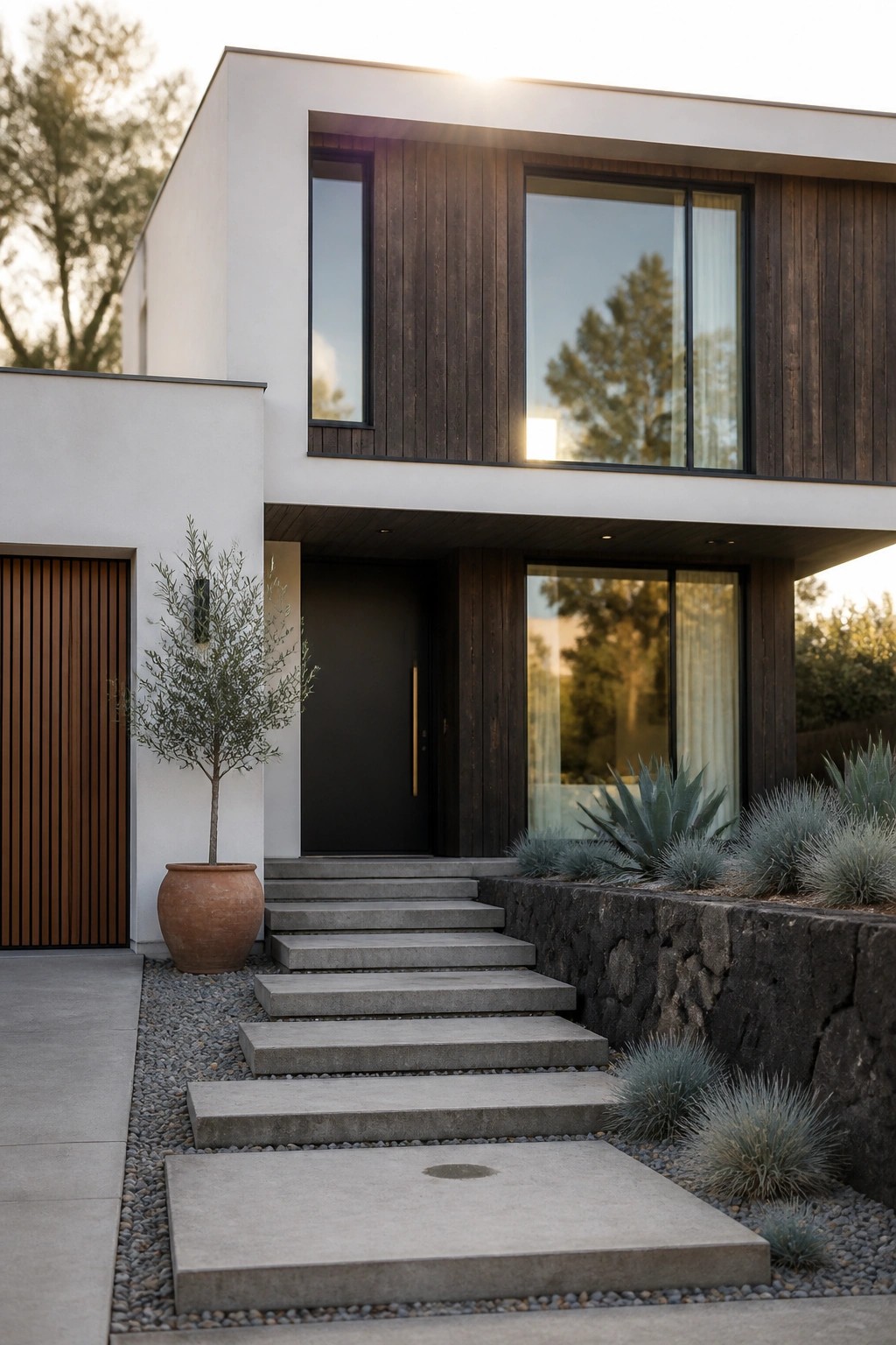 Modern two-story house with white walls and dark vertical wood cladding, featuring a black front door, large windows, concrete steps, and gravel landscaping with plants.