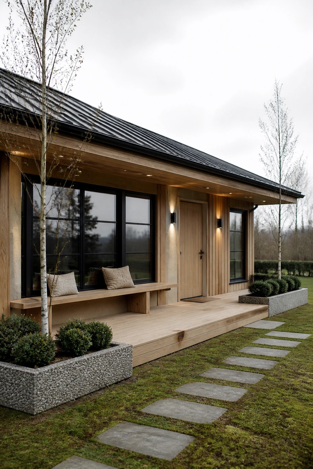 Modern wood-clad house with a long front porch, built-in bench under black-framed windows, wooden door, metal roof, and stone pathway leading across the lawn.