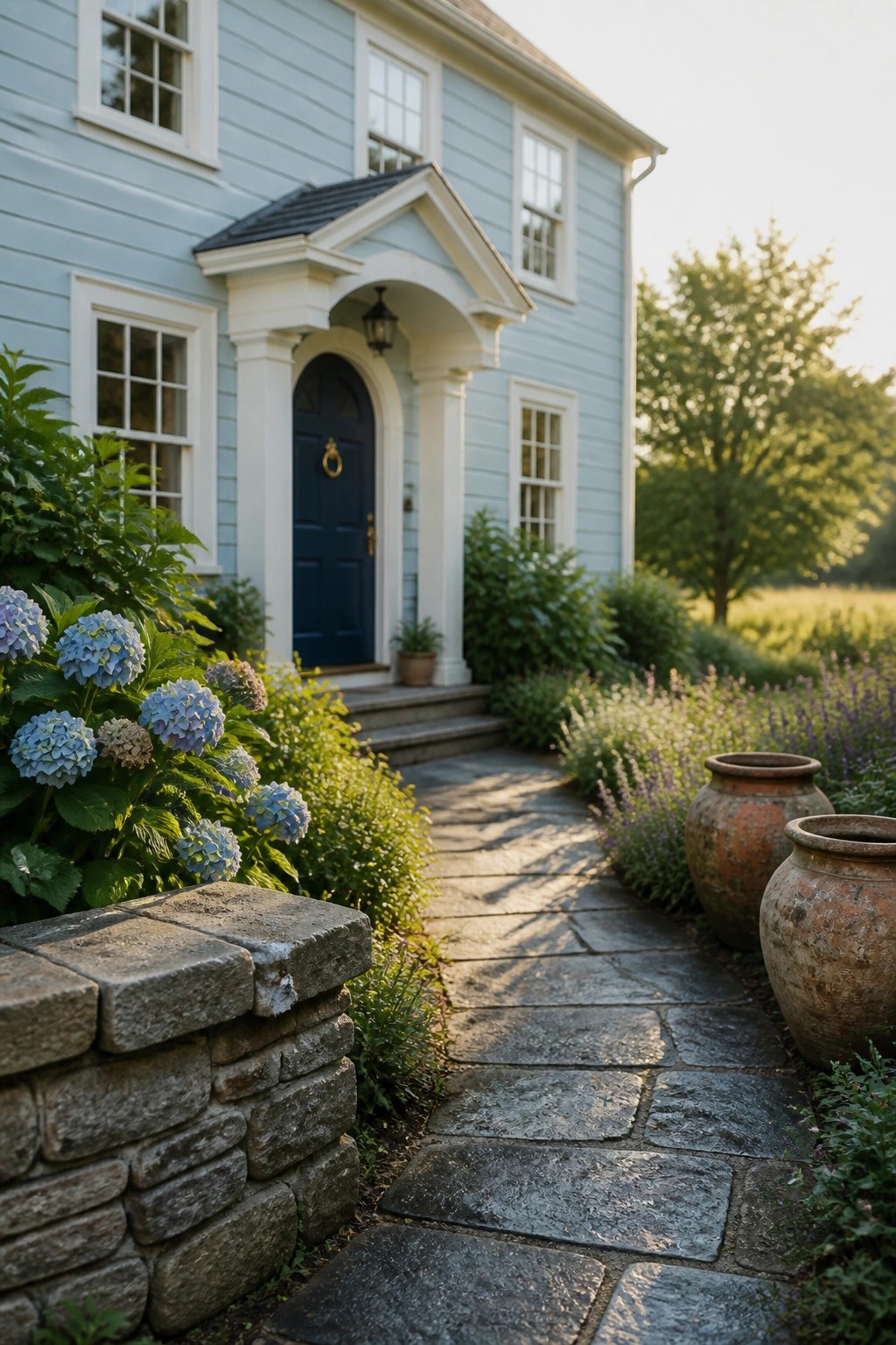 A light blue house with white trim and a dark blue front door under a white arched portico, with a stone path leading to the steps.