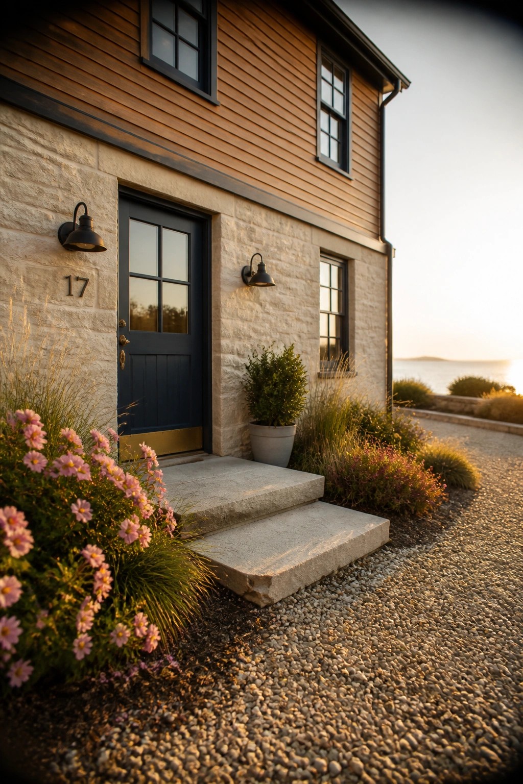 Front entrance of a house with stone walls, horizontal wood siding, a dark blue door, concrete steps, and flowers beside a gravel path.