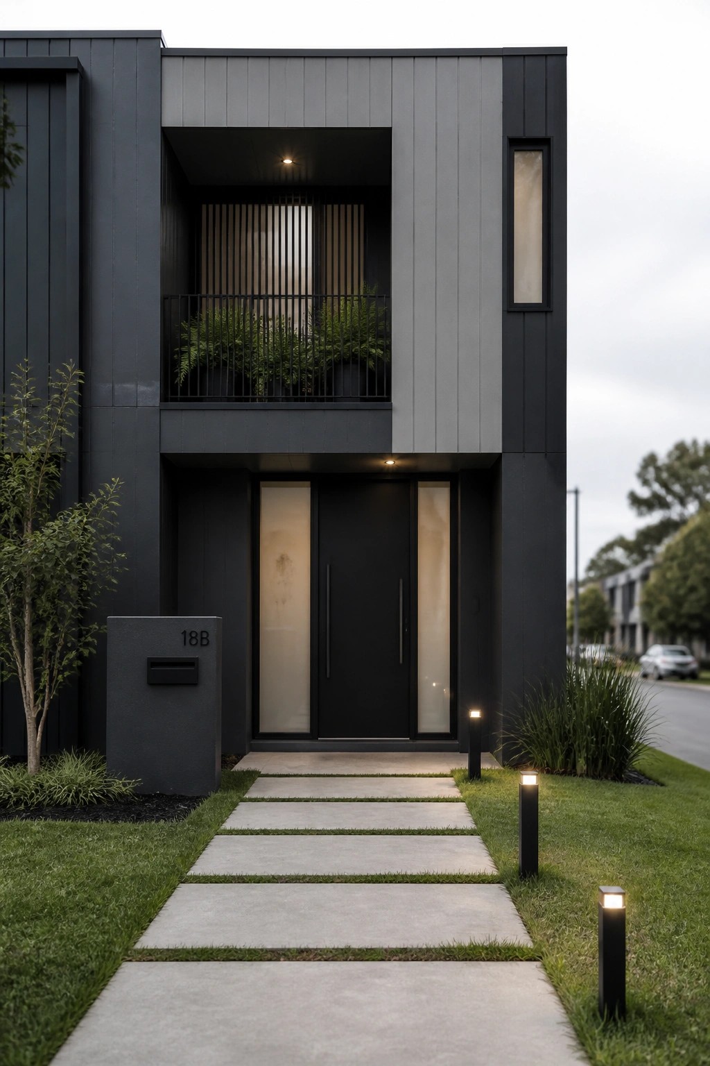 Modern dark gray house with black door, balcony plants, and lit concrete pathway.