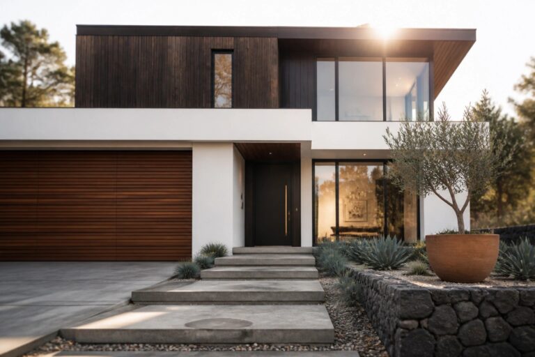 Modern two-story house with white walls and dark vertical wood cladding, featuring a black front door, large windows, concrete steps, and gravel landscaping with plants.
