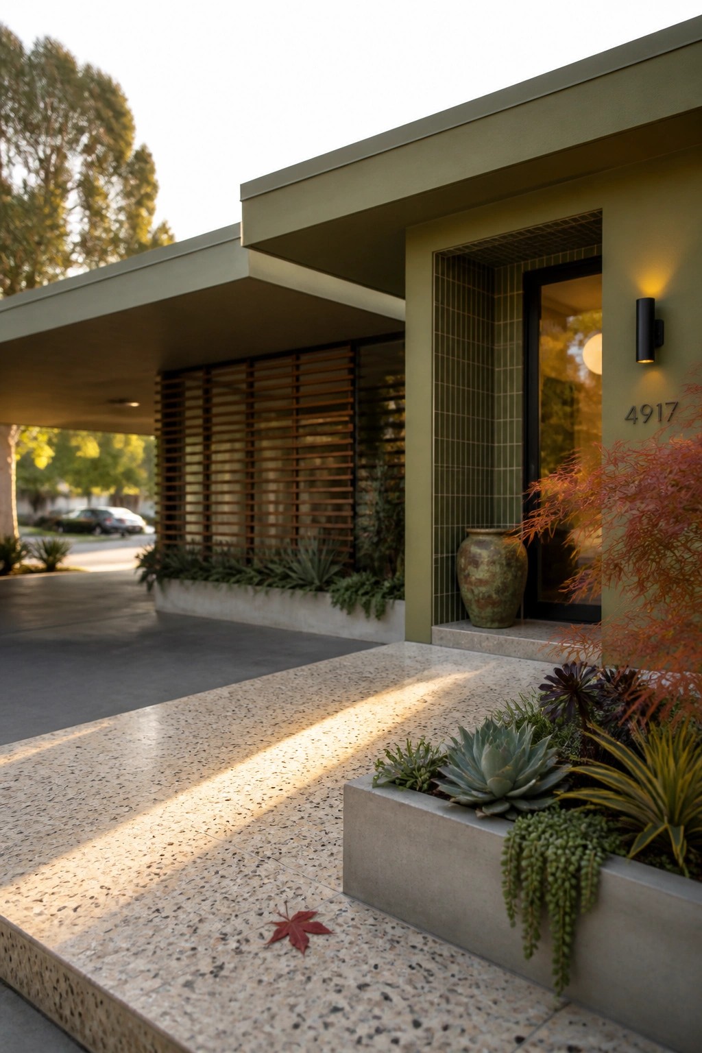Modern house entrance with a black door recessed into a green vertical tile niche, a large ceramic pot on the step, and a concrete planter with succulents in the foreground.