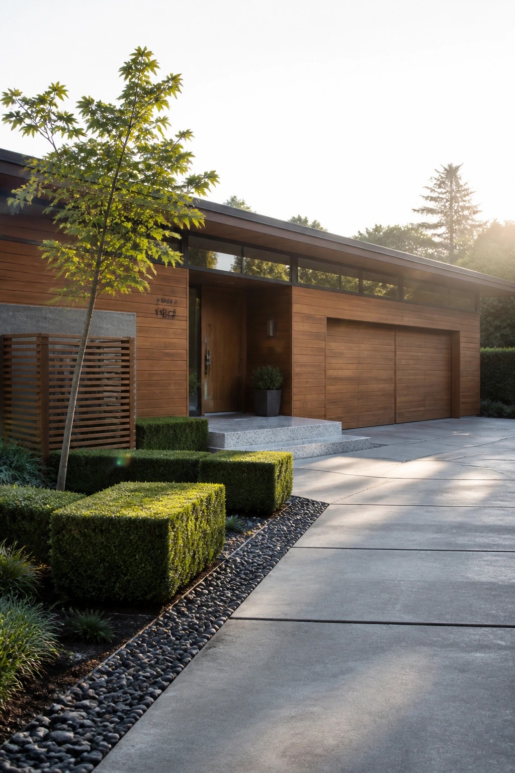 Modern wood-clad house with garage, concrete driveway, and trimmed green hedges.