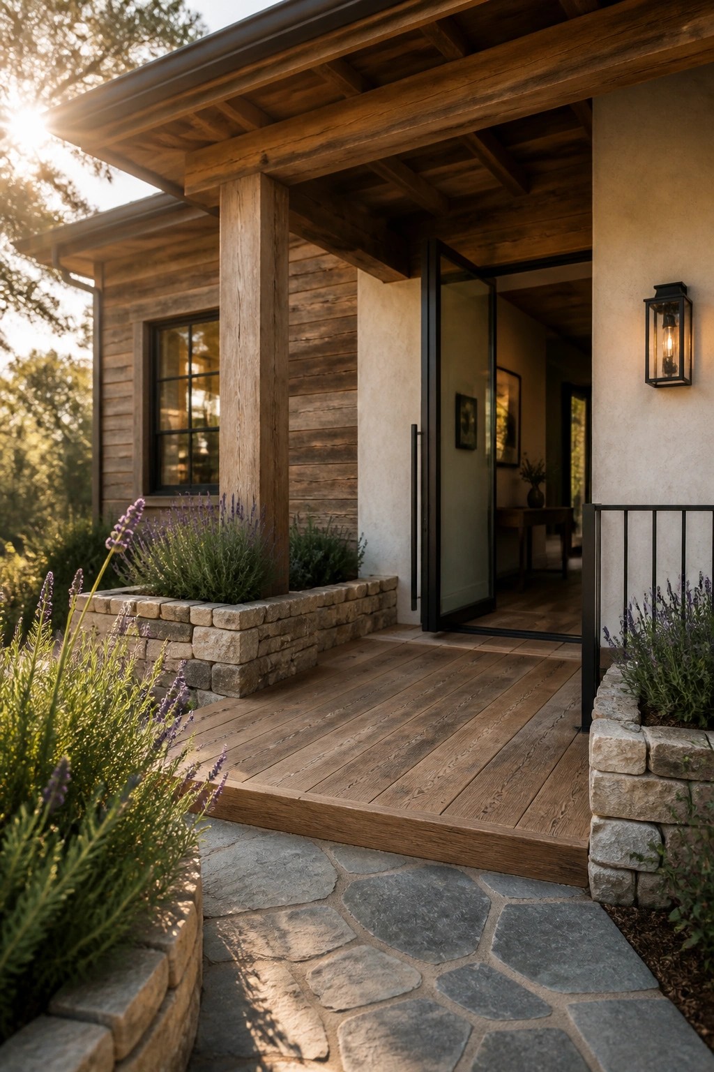 A wooden house exterior with a covered porch, stone retaining walls, a glass entry door, and lavender plants along the walkway.