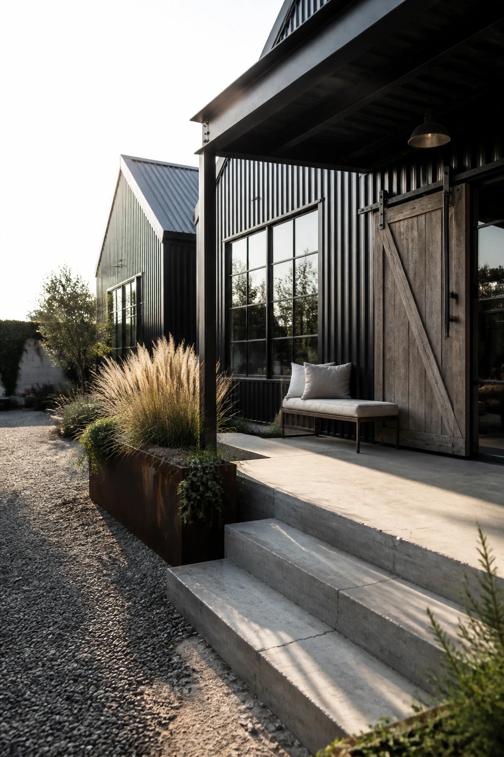 A modern black metal house with a large wooden sliding barn door, concrete steps, and a bench on the covered porch.