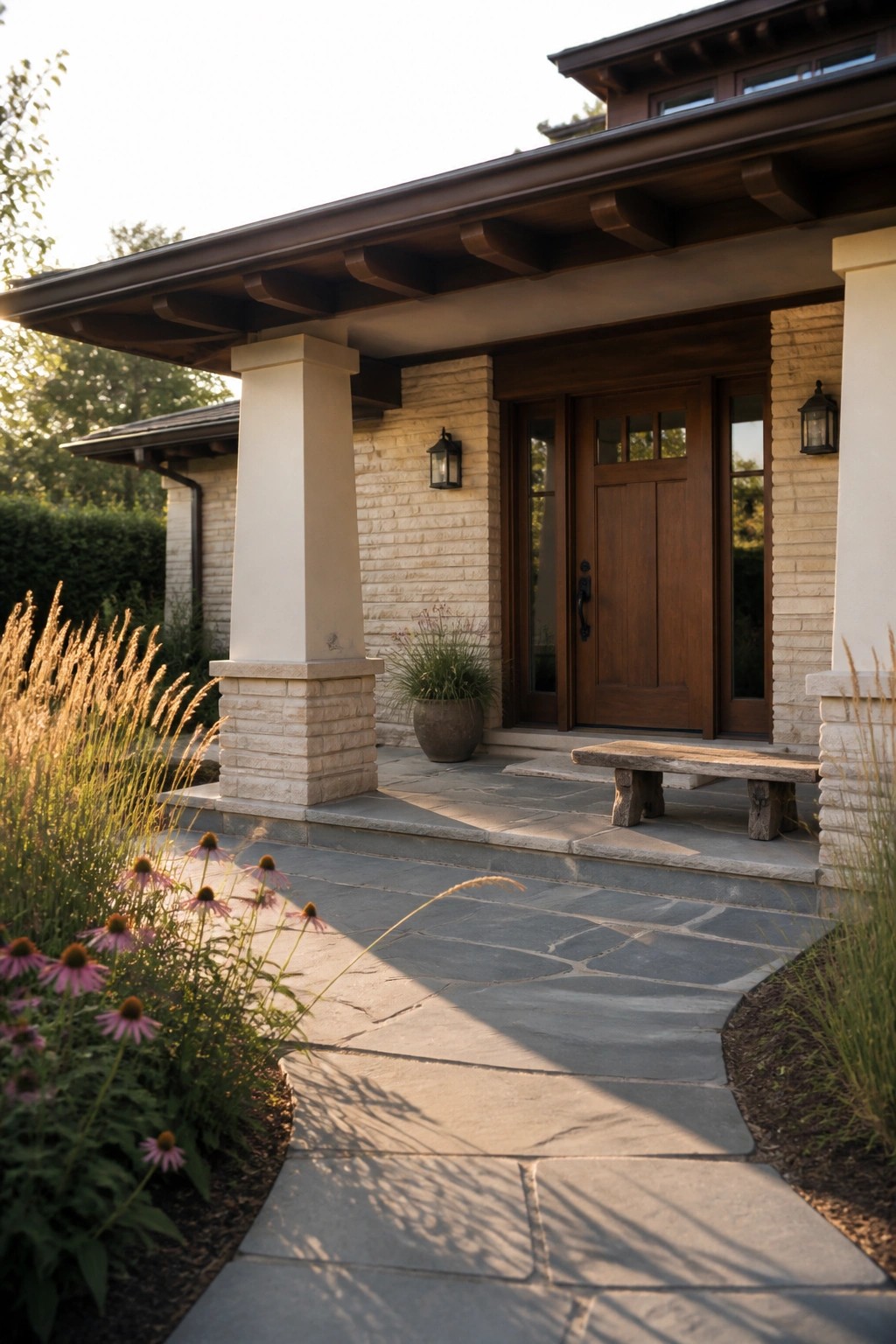 A curved flagstone path leads past flower beds to a house porch with a wooden door, stone columns, and a wooden bench.