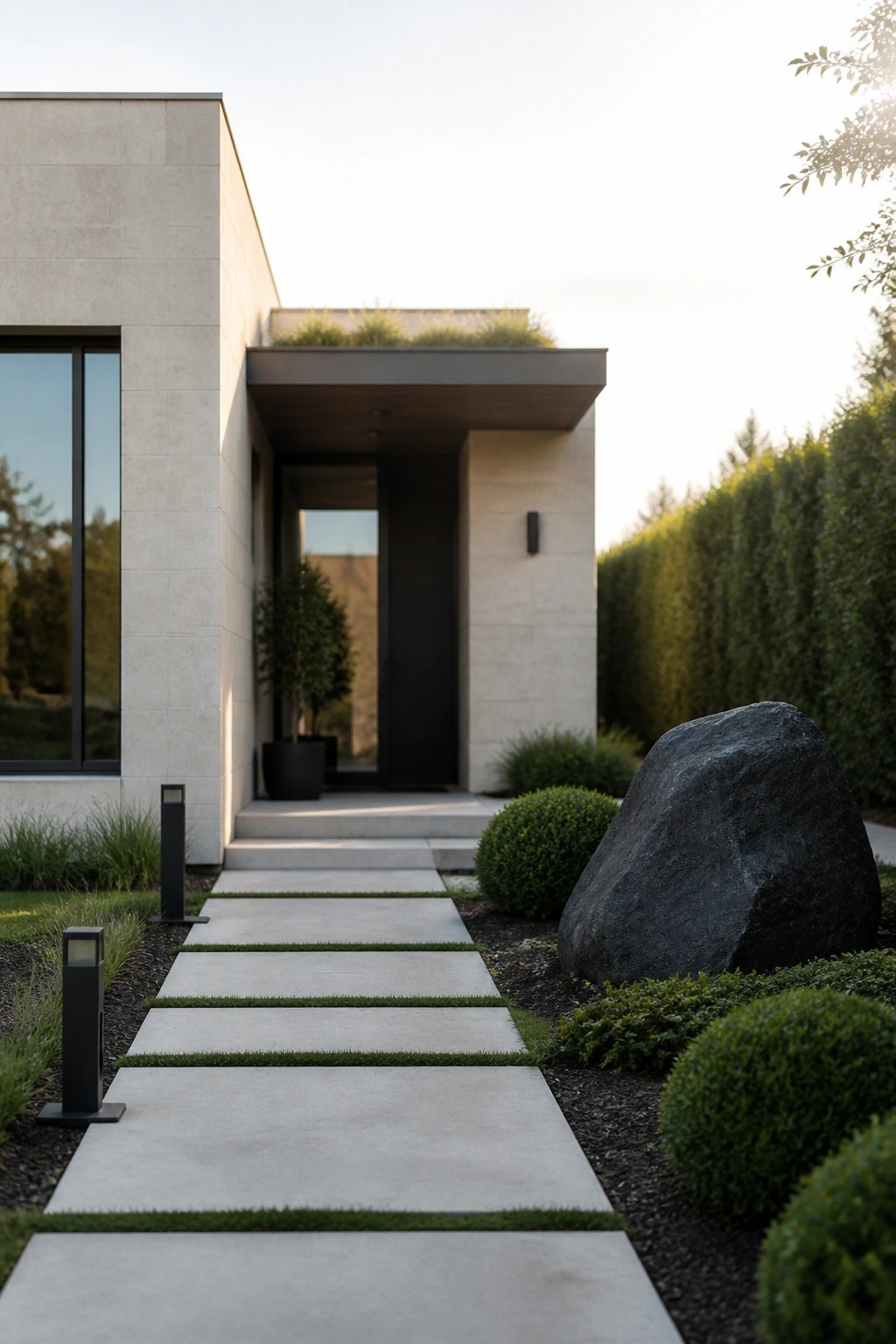 Modern house exterior featuring a light stone facade, dark entry door, and a straight concrete paver walkway with grass joints, bordered by low shrubs and black bollard lights.