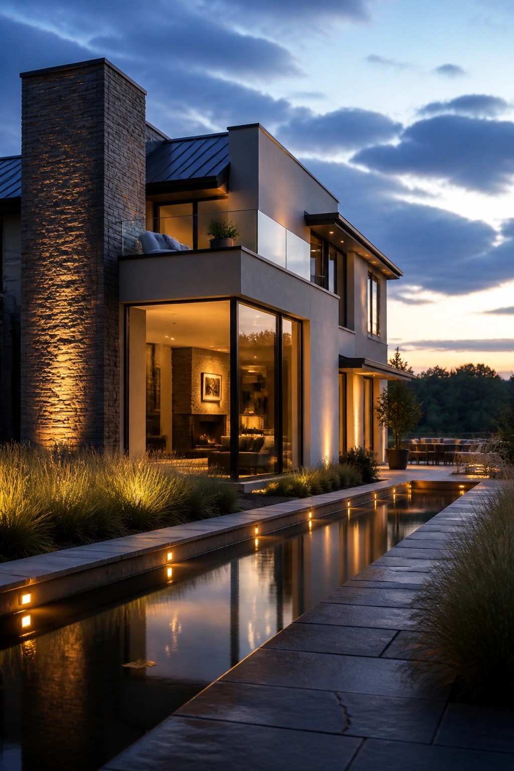A modern house exterior at dusk with a long illuminated reflecting pool running along the front, a tall stone chimney on the left, and large glass windows showing the lit interior.