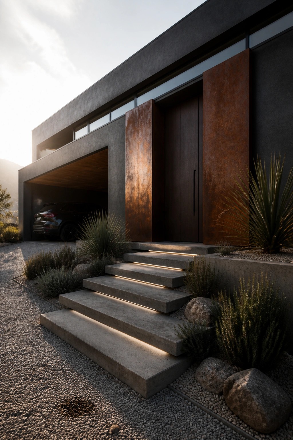Modern house exterior showing concrete steps with integrated lighting leading to a dark wood door, flanked by rusted metal panels, with a car visible in the open garage and desert plants around the entry.