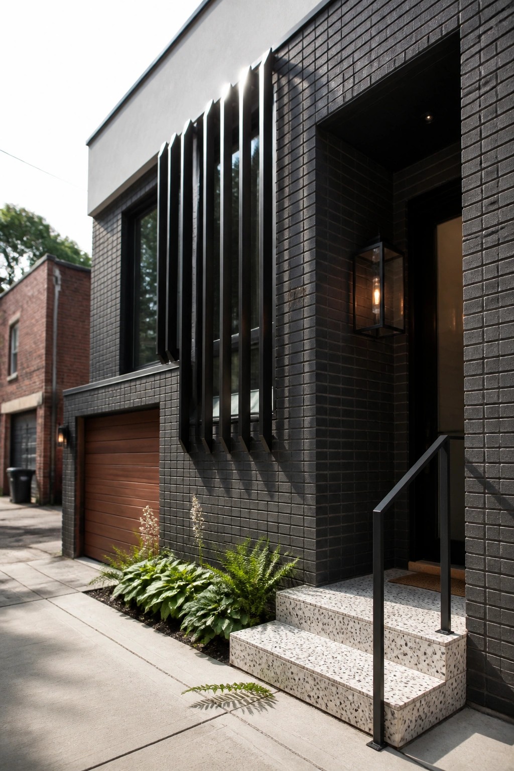 Modern black brick house with vertical metal slats, wooden garage, and speckled steps.