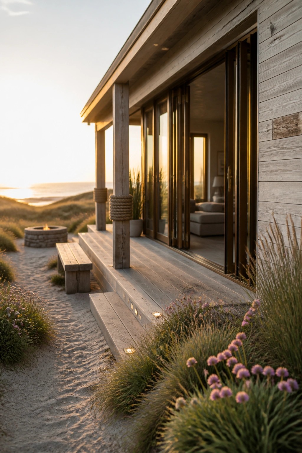 Modern beach house with weathered wood siding, large sliding glass doors opening to a wooden deck, and a stone fire pit on the sandy path nearby.