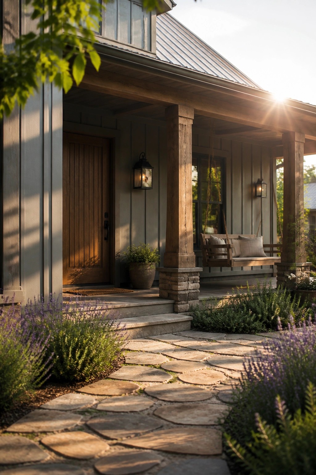 A front porch on a gray house with a wooden hanging swing between two posts, a wooden front door, stone pathway, and garden beds with purple flowers.