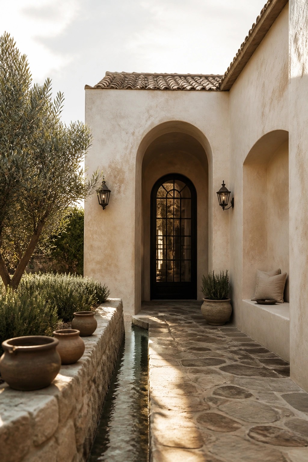 A stucco house exterior with a large arched entryway leading to a black metal door, flanked by wall lanterns, a stone path, and a narrow water channel lined with clay pots.
