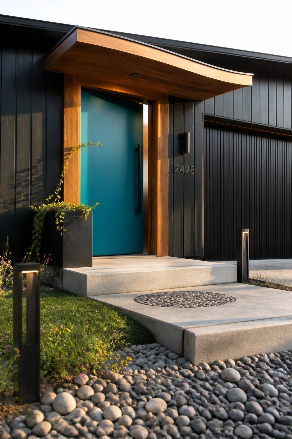 A modern house exterior with a teal front door beneath a curved wooden canopy, black vertical siding, concrete steps, and a pebble detail on the walkway.