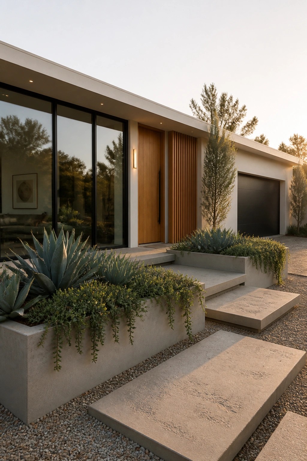 Modern house with concrete planters, agave plants, wooden door, and stone steps at dusk.