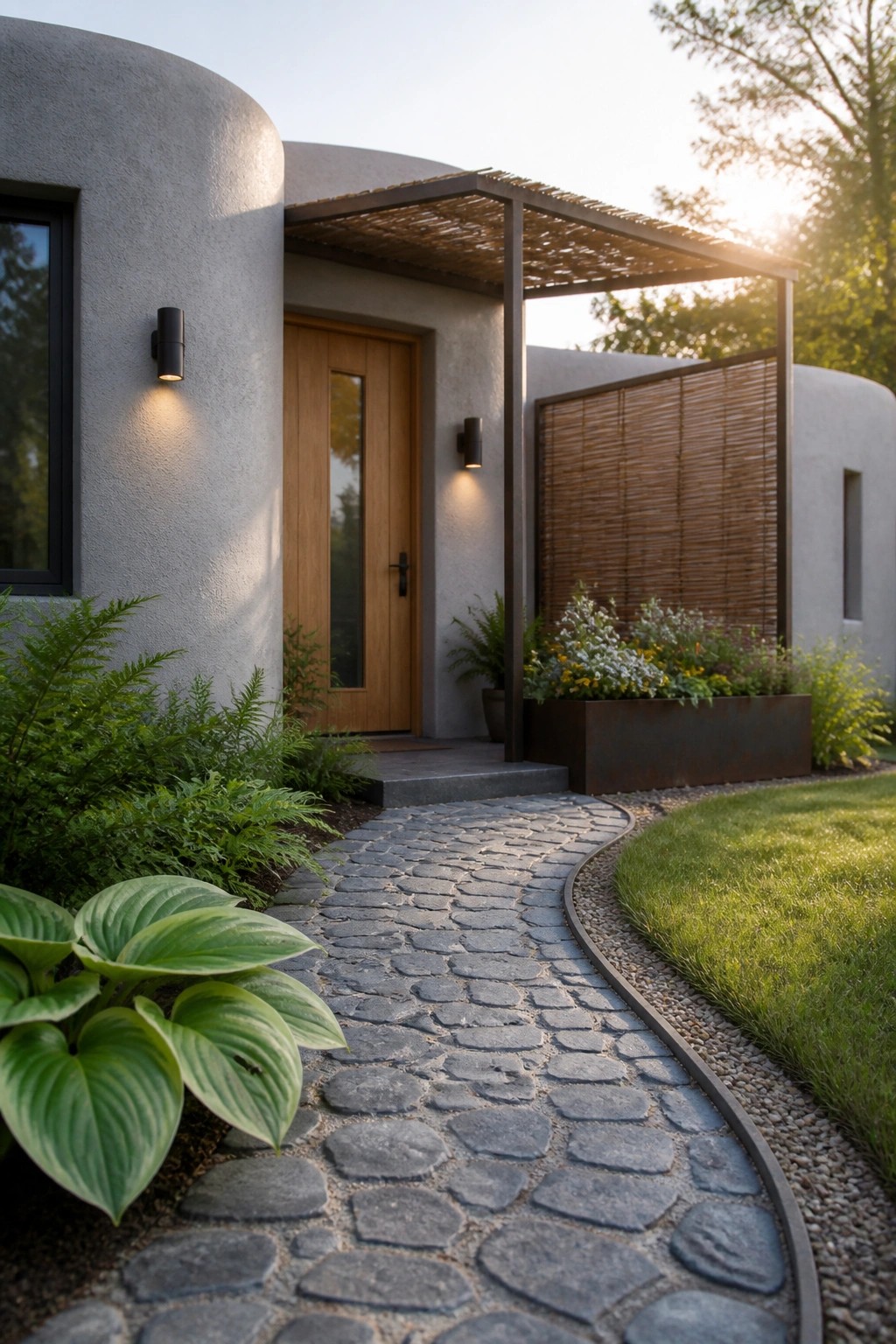 Curved stone path leads to wooden door of modern gray home with garden planters