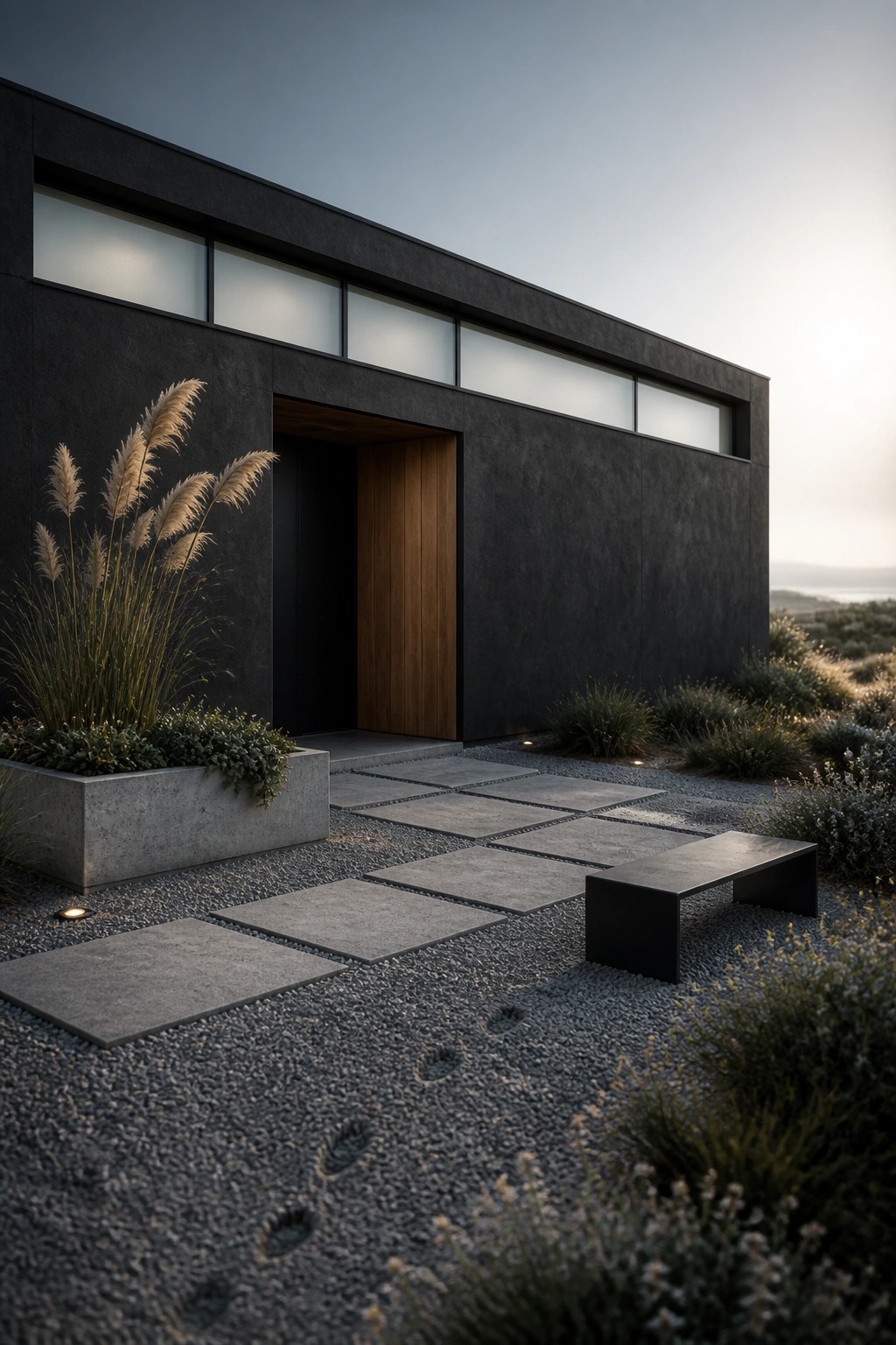 Modern dark house exterior with a wooden entry door, horizontal clerestory windows above, and a gravel path of large stone pavers leading to the entrance.